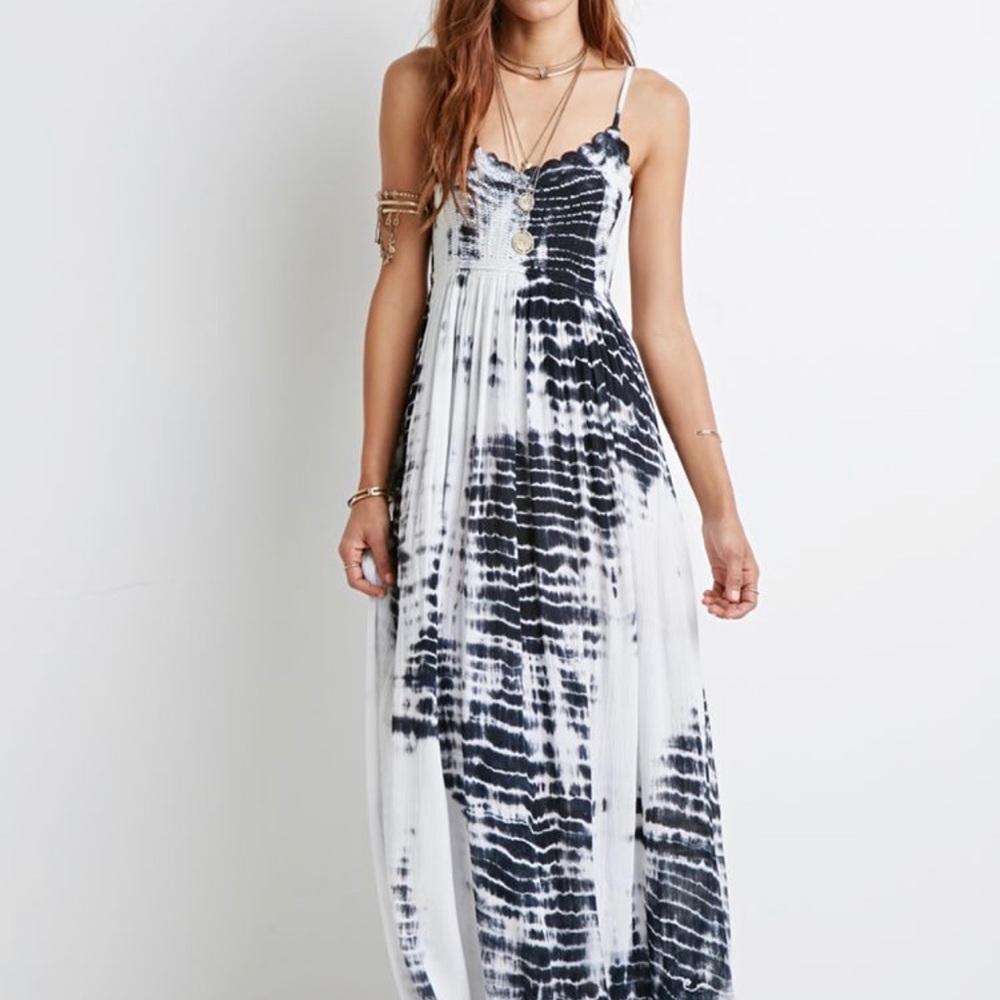 Boho Crochet Indigo Blue Shibori Smock Maxi Dress Summer
